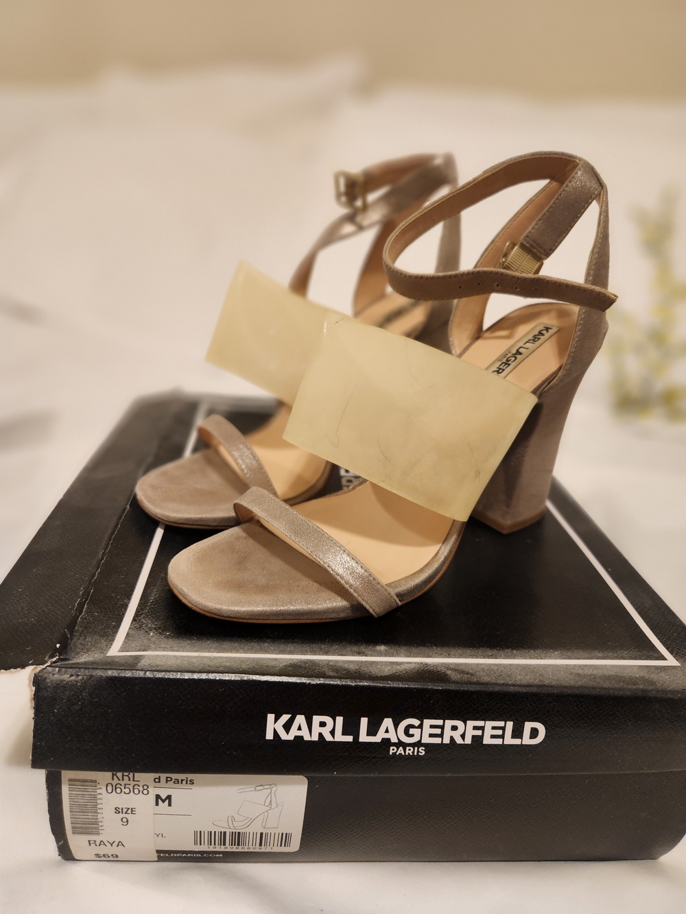 Karl Lagerfeld Taupe and Cream Block Heel Sandals